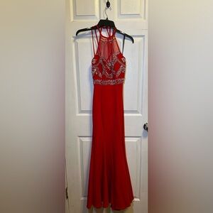 Windsor Red Jeweled Halter Prom Dress